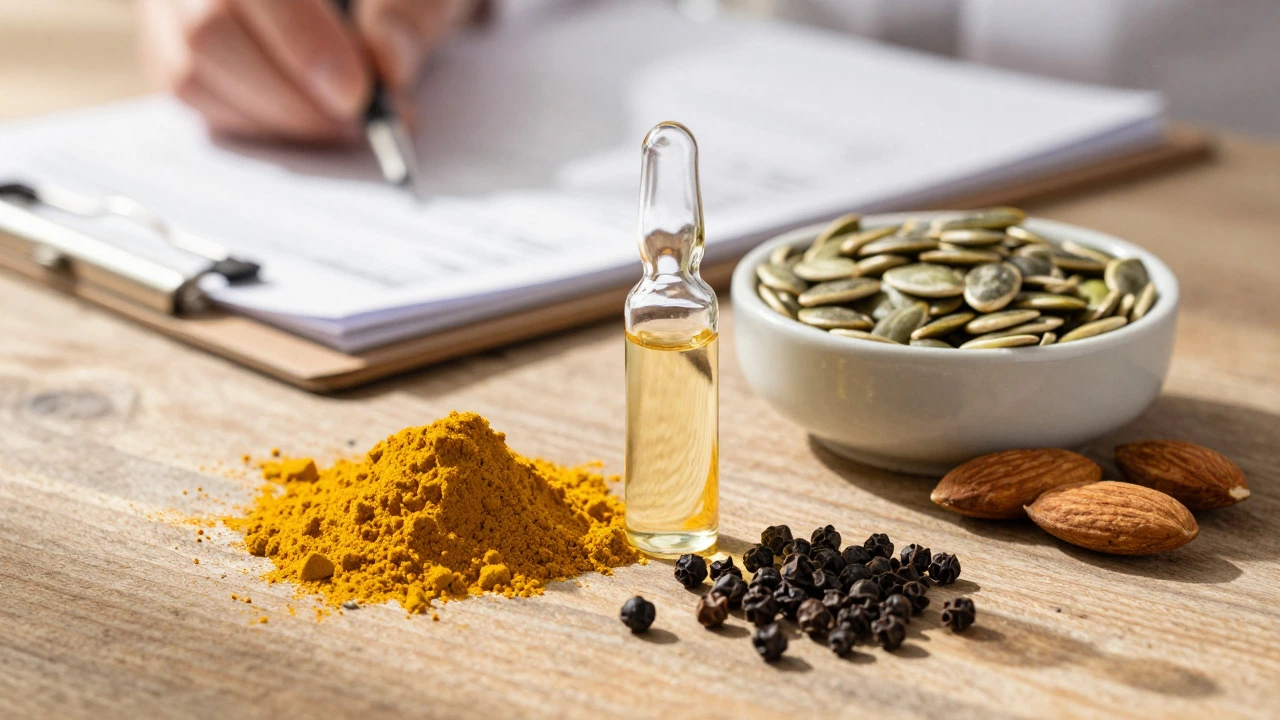 Natural supplement ingredients like fish oil and turmeric on a table
