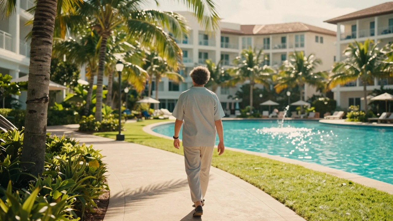 Patient recovering by a pool in sunny Florida resort setting