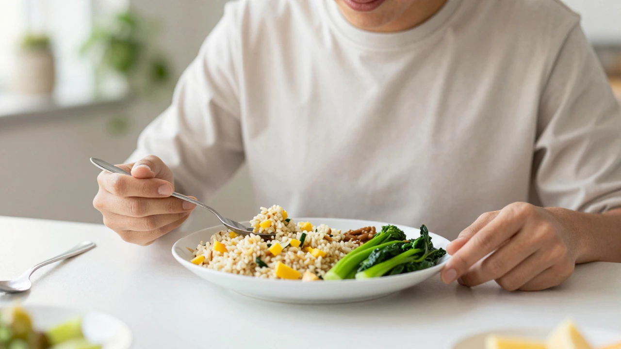 Person enjoying a balanced Ayurvedic lunch at midday