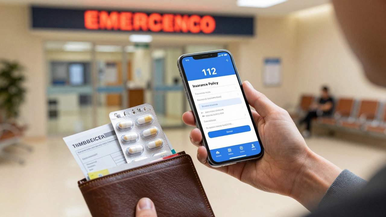Traveler's hand with digital insurance docs, meds, and wallet near a European clinic