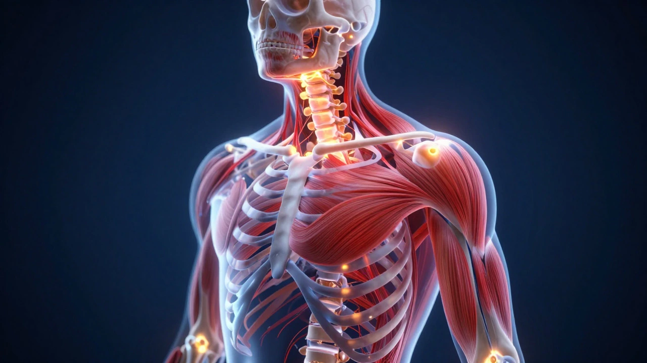 Artistic visualization of the interconnected musculoskeletal system with glowing neural pathways