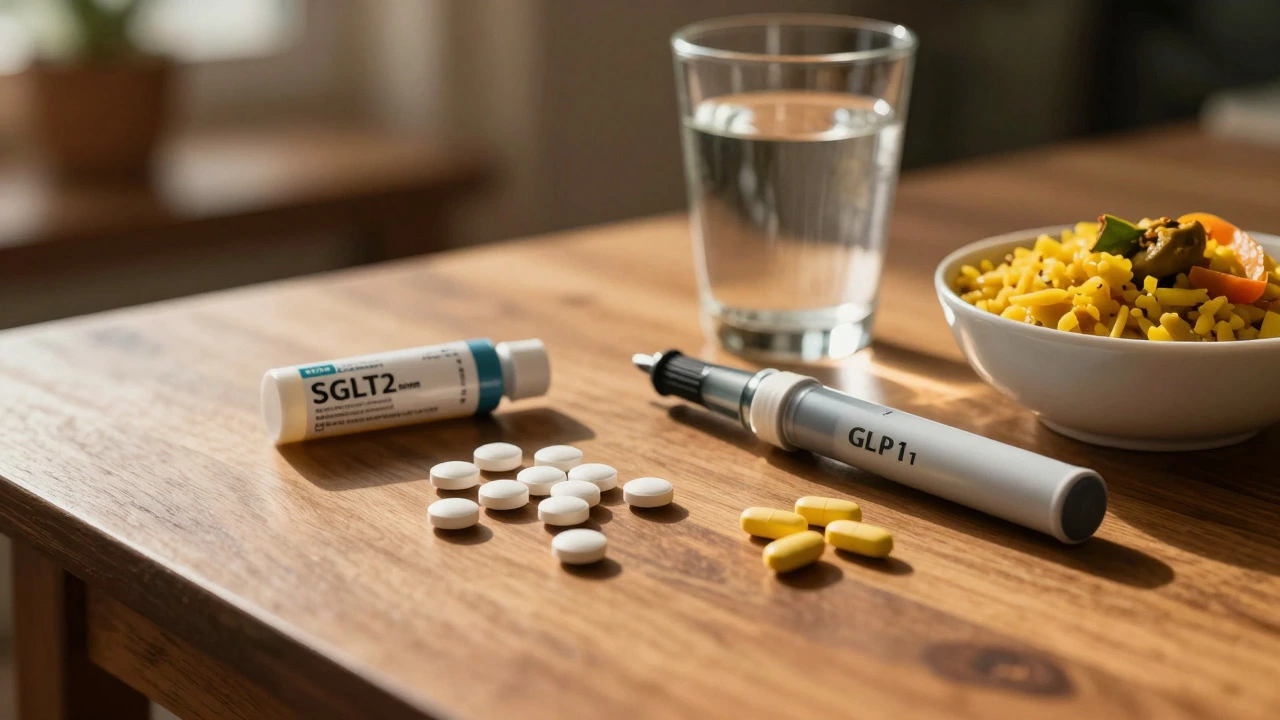 Diabetes medications and healthy Indian food on a sunlit wooden table