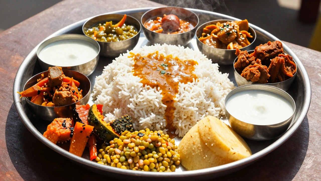 Large traditional Indian lunch thali under bright noon sunlight