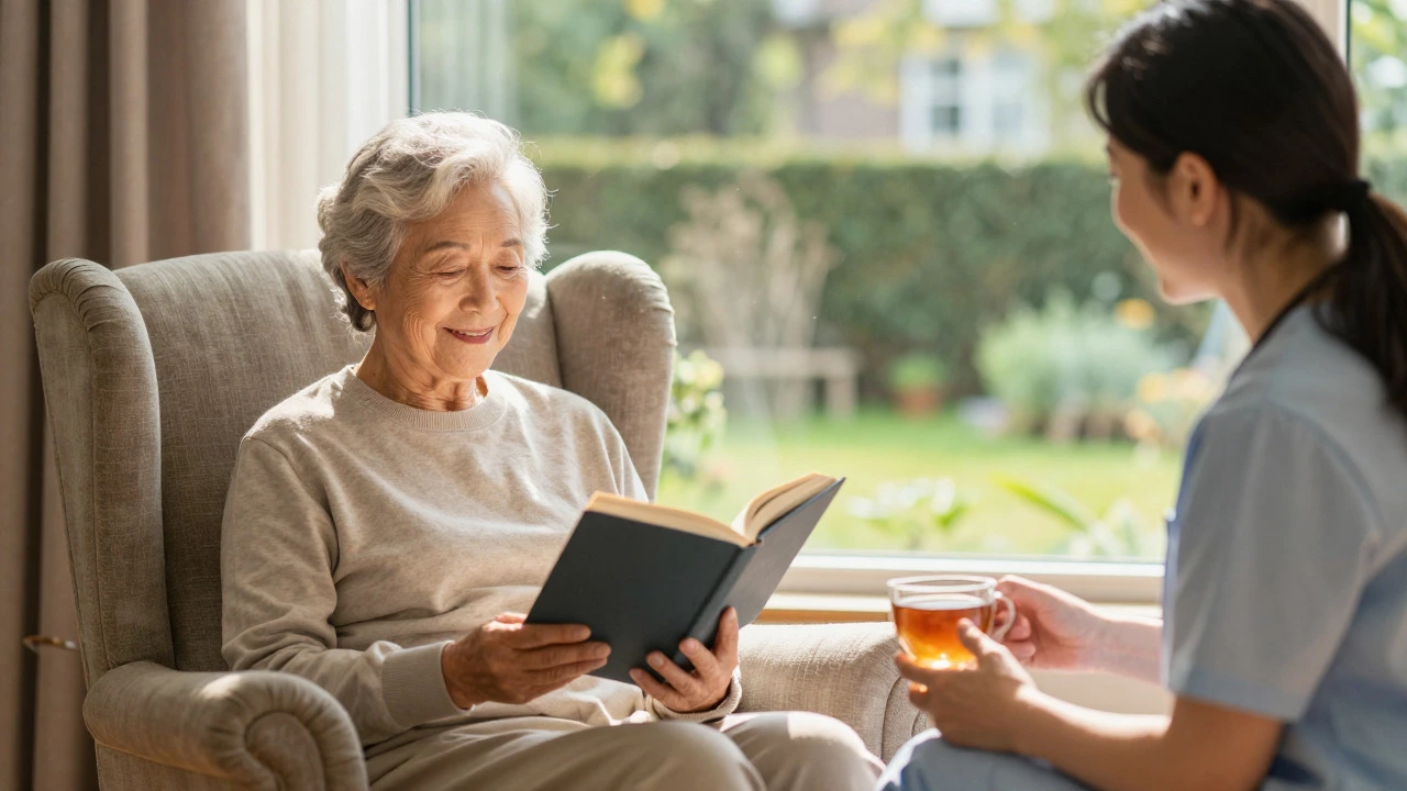 Patient relaxing in a chair with family in a peaceful home setting