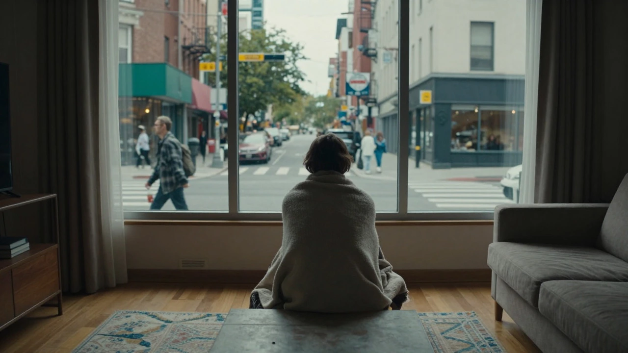 Person sitting alone in a dim room looking out at a busy city street, representing social isolation
