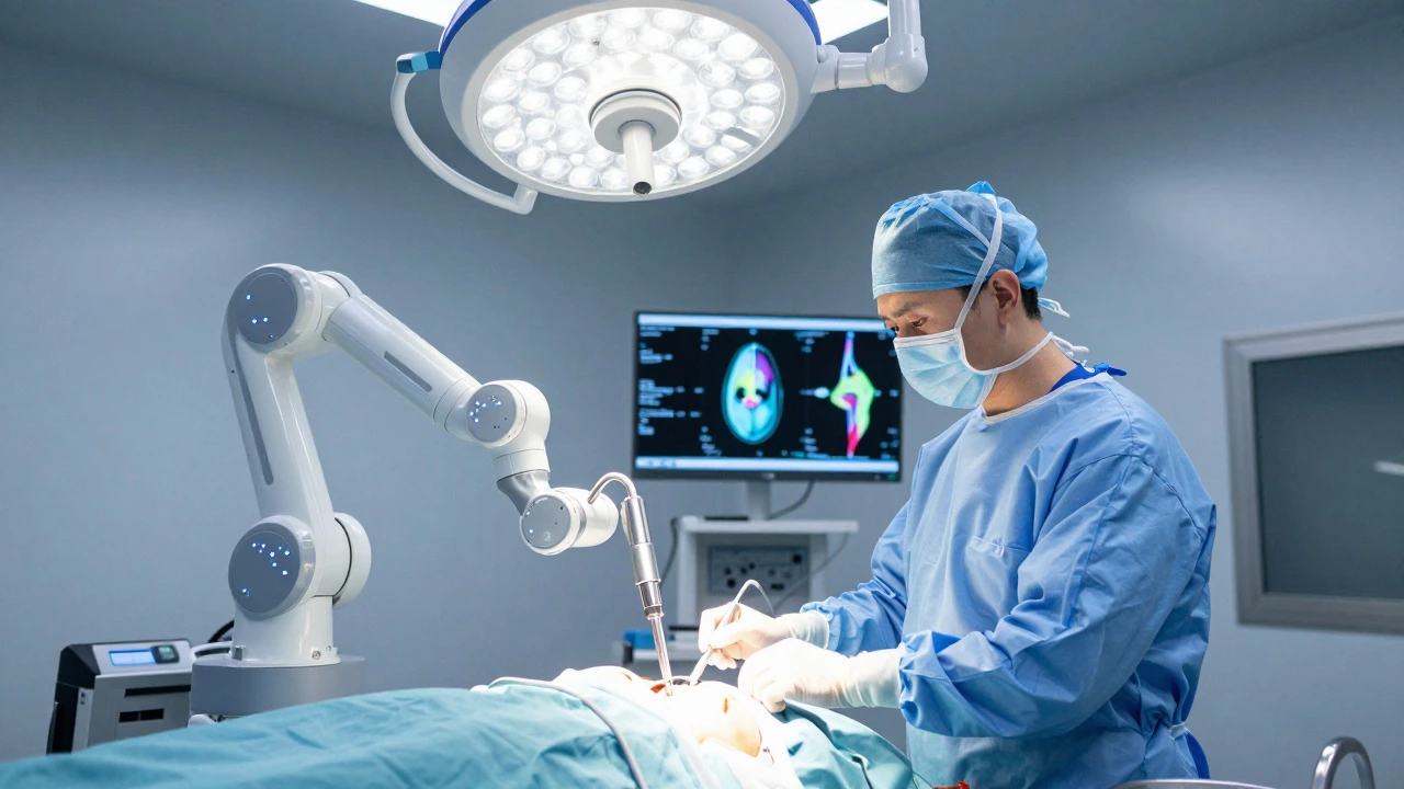 Surgeon using a robotic arm for hip surgery in a modern, high-tech operating room