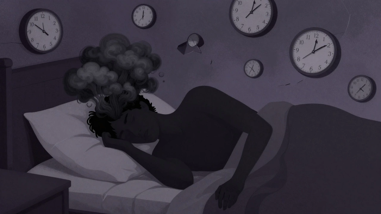 Surreal illustration of a person lying in bed surrounded by dark clouds and floating clocks