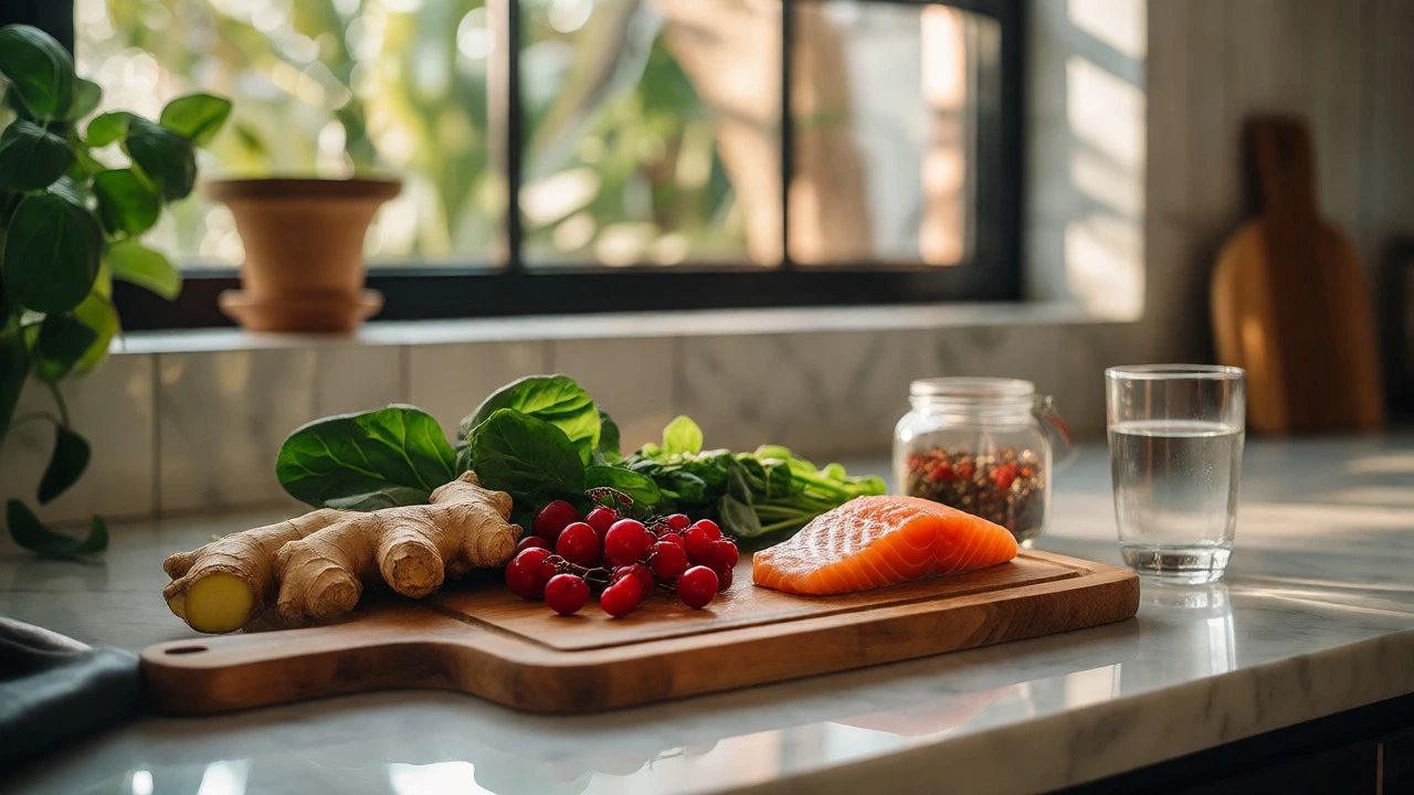 Fresh anti-inflammatory foods like ginger and salmon