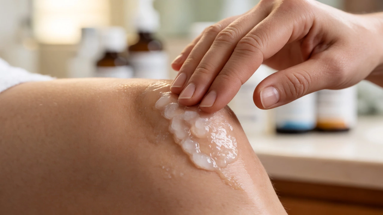 Hand applying clear anti-inflammatory gel to a knee joint in a brightly lit setting.