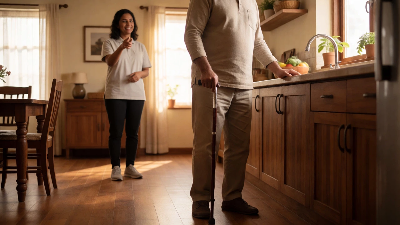 Man using a cane indoors with a therapist guiding his posture