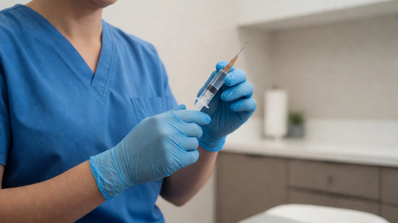 Orthopedic doctor holding a syringe ready for a joint injection in a modern clinic.