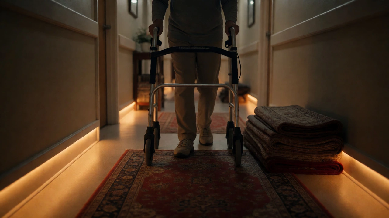 Patient using a walker in a well-lit, hazard-free hallway at night