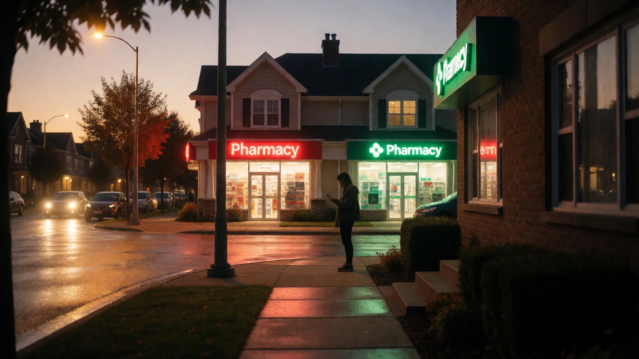 Person deciding between CVS and Walgreens stores illuminated by red and green neon signs at dusk.