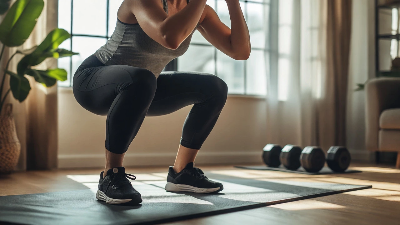 Person doing squats in a bright home gym to build muscle