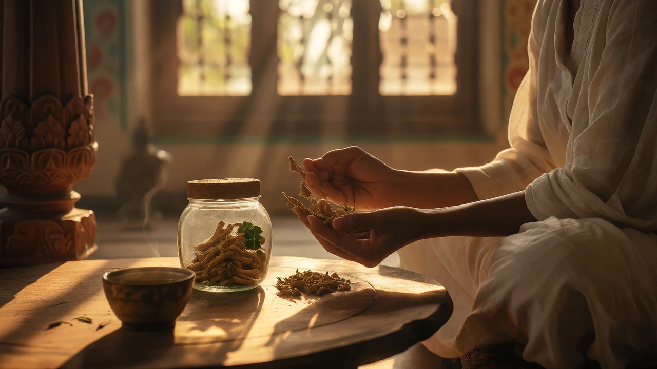 Person holding ashwagandha herbs in sunlit room
