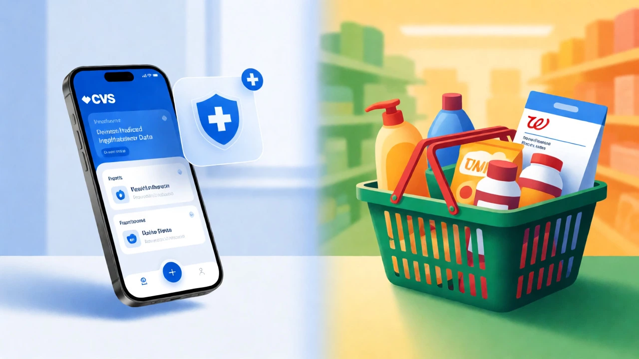 Split-screen concept contrasting CVS healthcare integration with Walgreens retail convenience benefits.