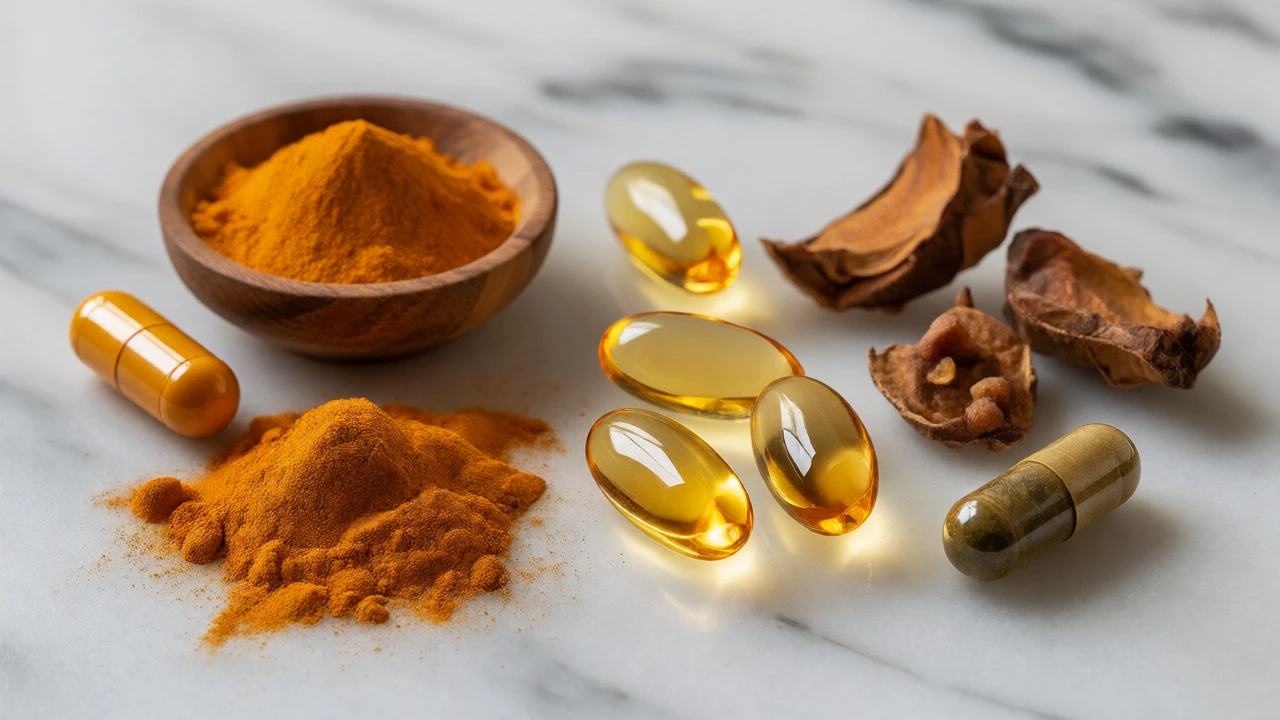 Turmeric, fish oil, and Boswellia supplements arranged