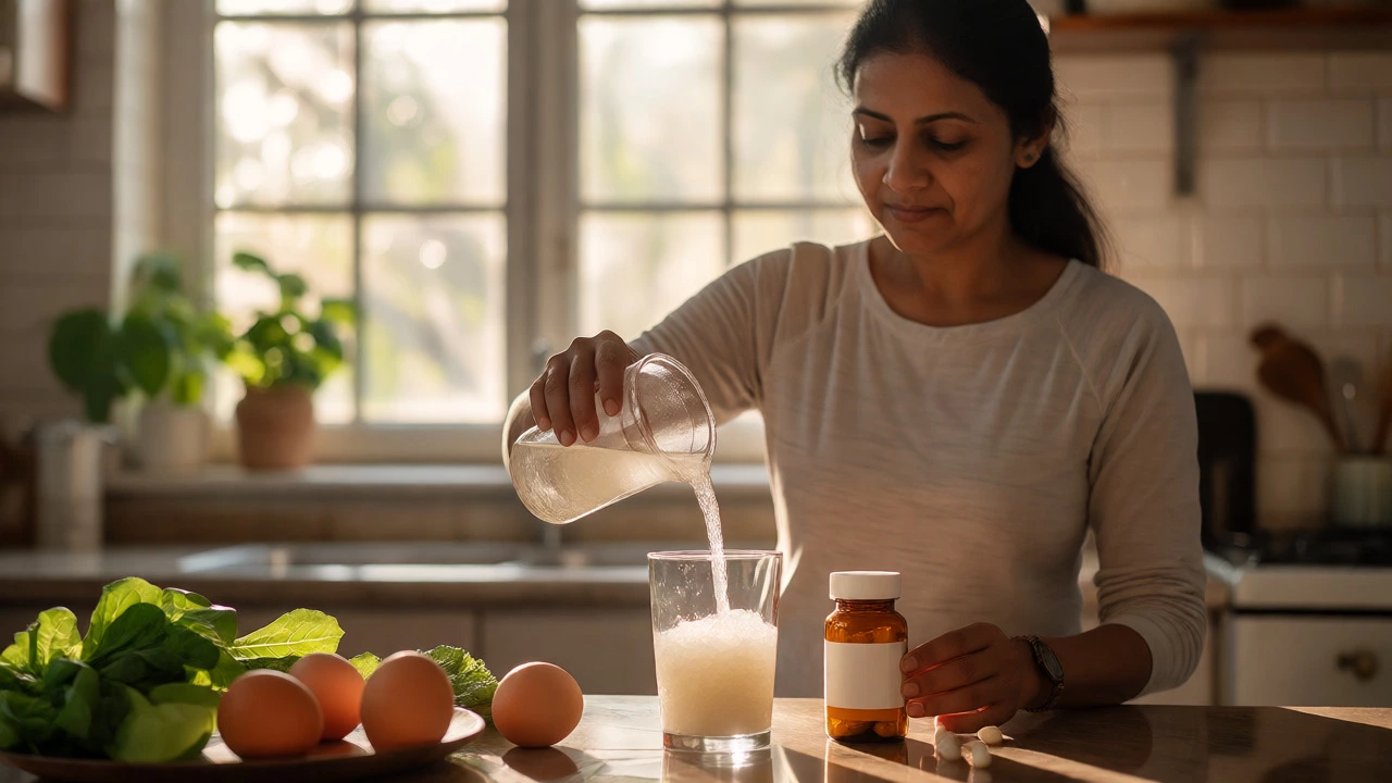 Woman preparing a fiber-rich breakfast with protein and supplements in a sunny kitchen