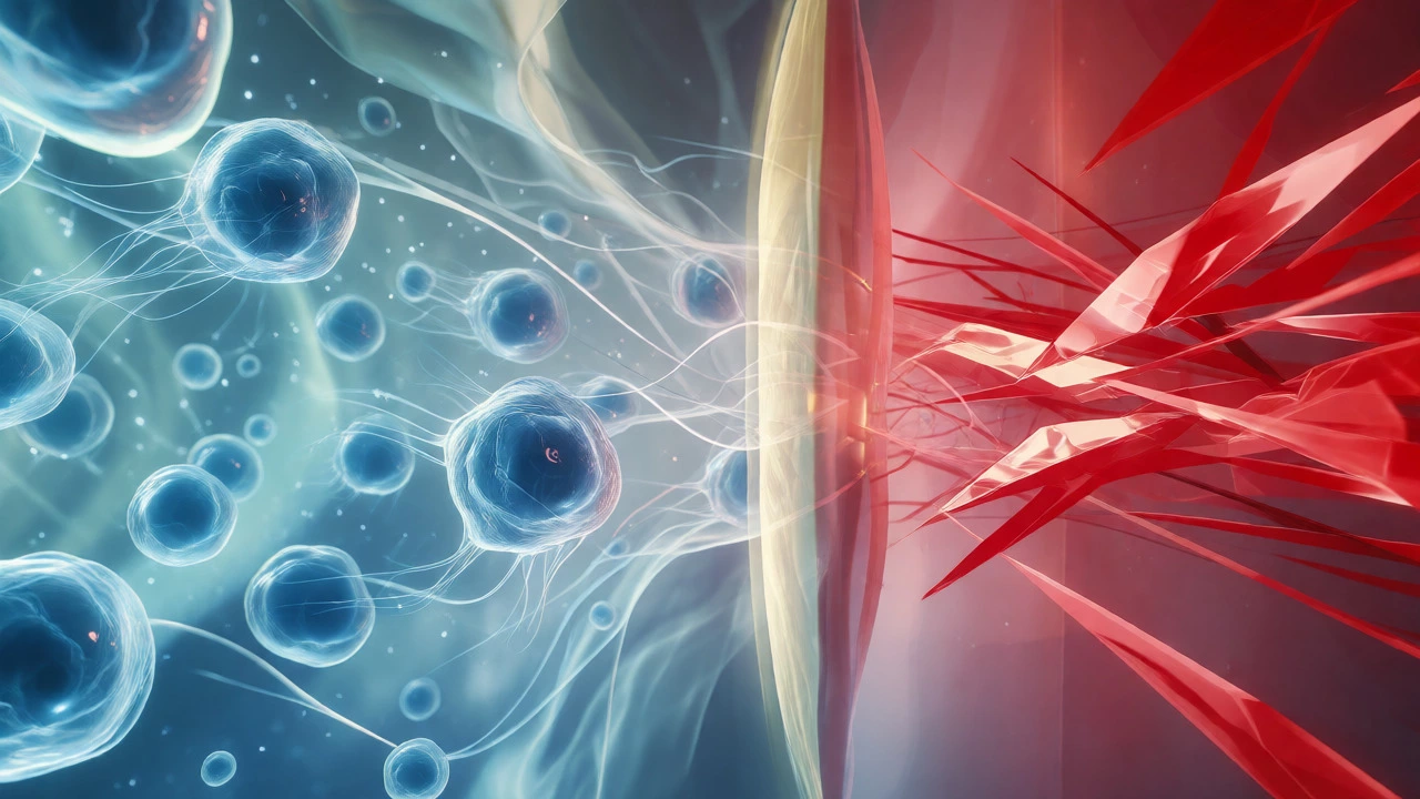 Abstract visualization of slow-moving blue cells versus aggressive red cells