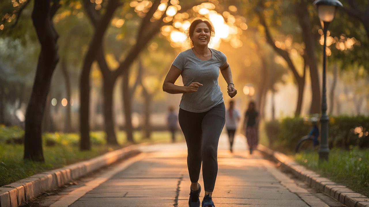 An Indian woman jogging energetically in a park during golden hour.