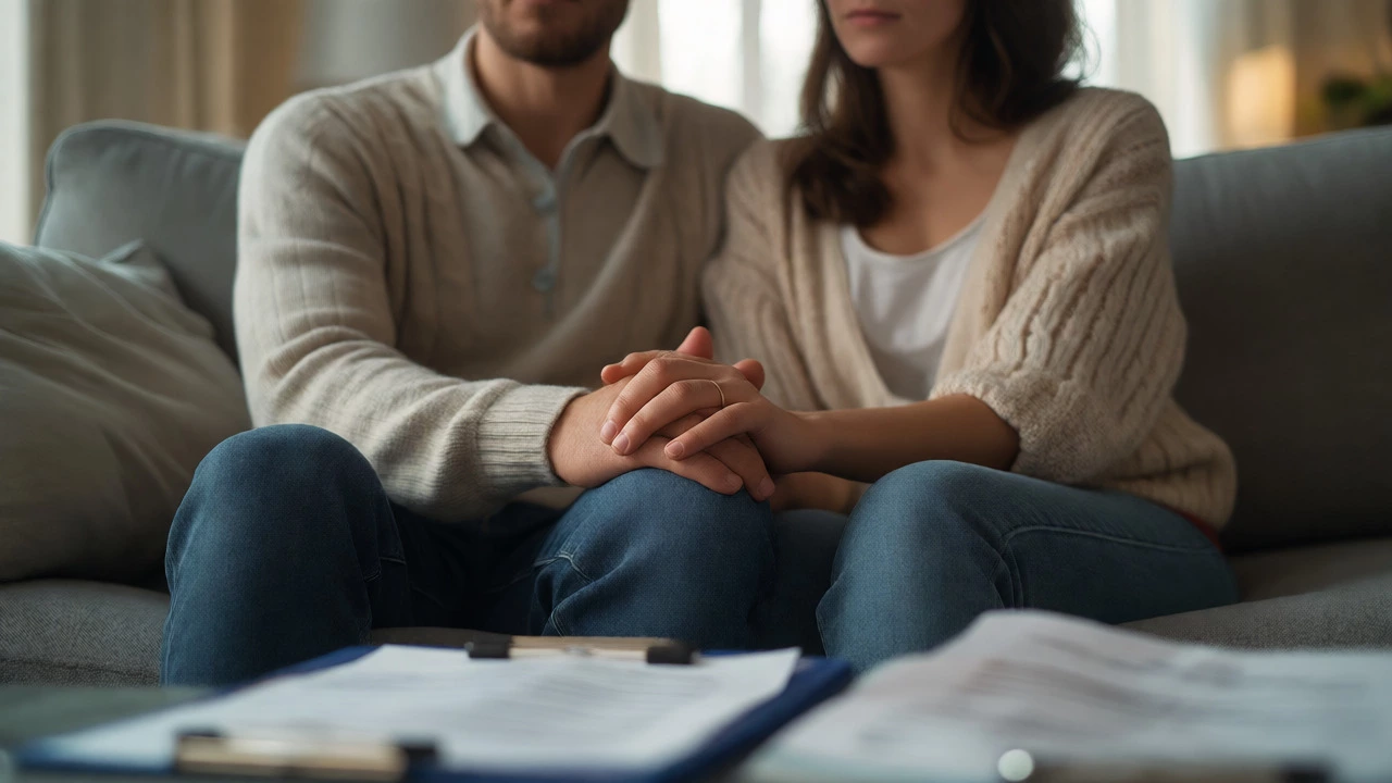 Anxious couple holding hands while waiting for IVF results