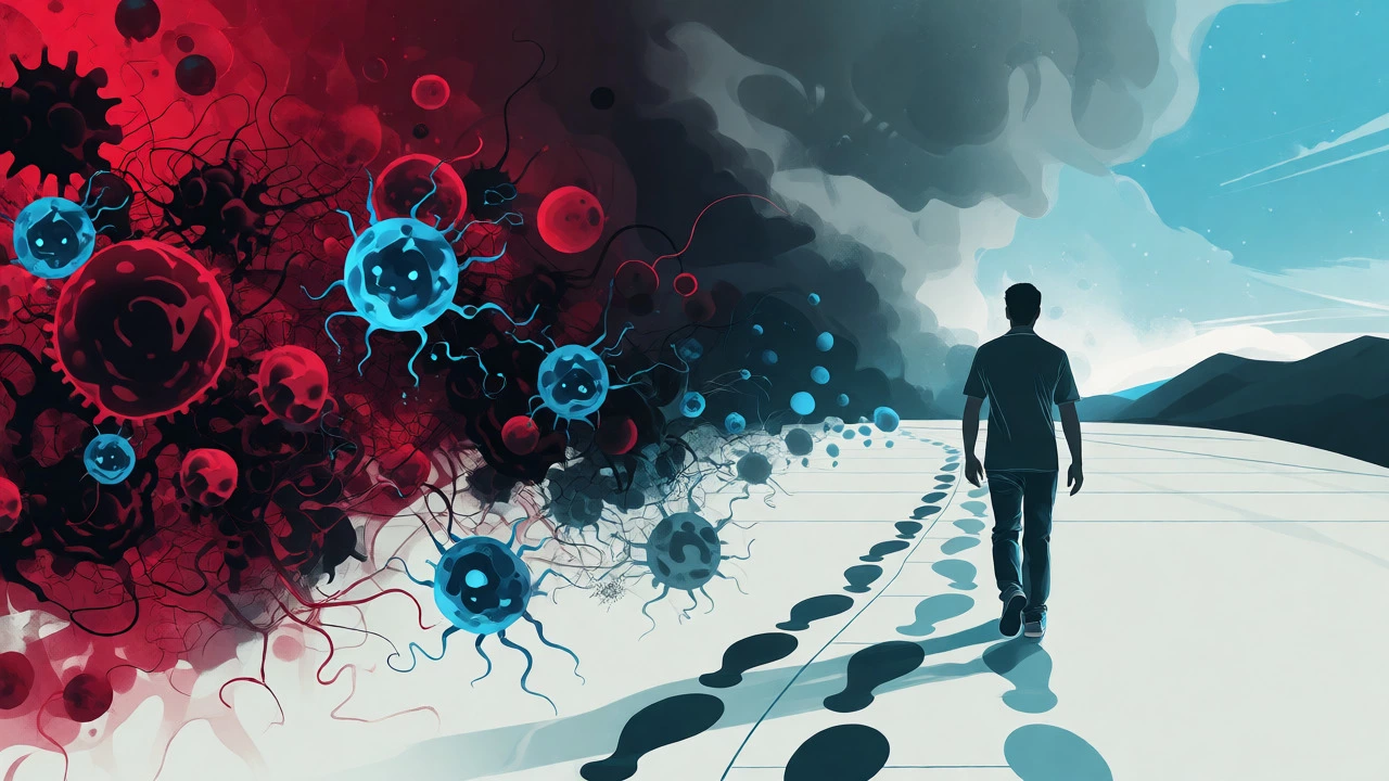 Artistic depiction of immune cells fighting cancer transitioning to recovery.
