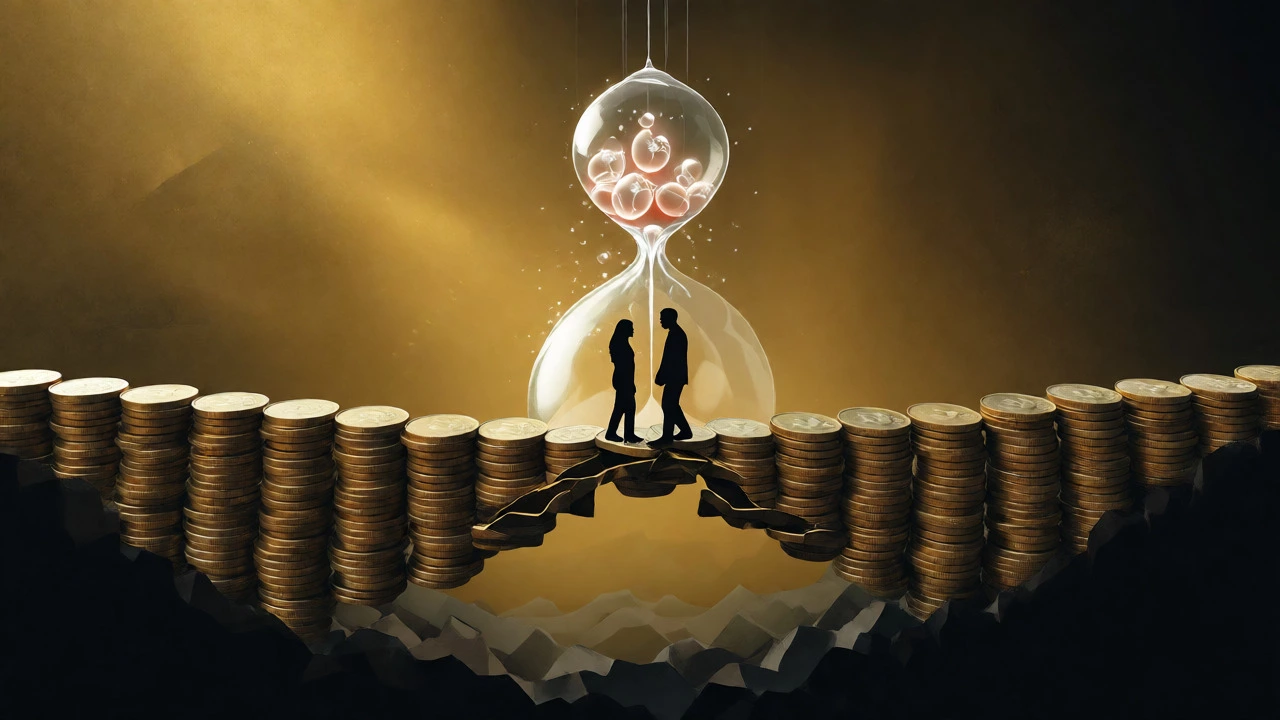 Couple standing on a bridge of money over an abyss with falling embryos