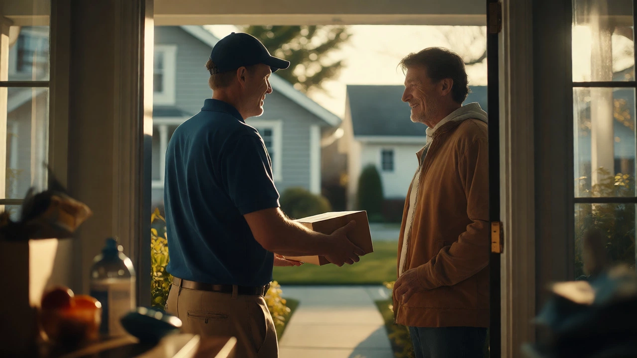 Delivery driver handing medication package to customer