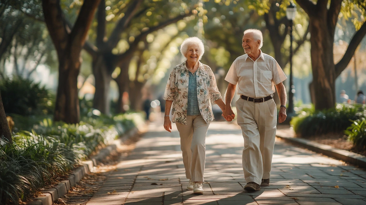 Elderly couple walking happily in a sunlit park, symbolizing long-term survival