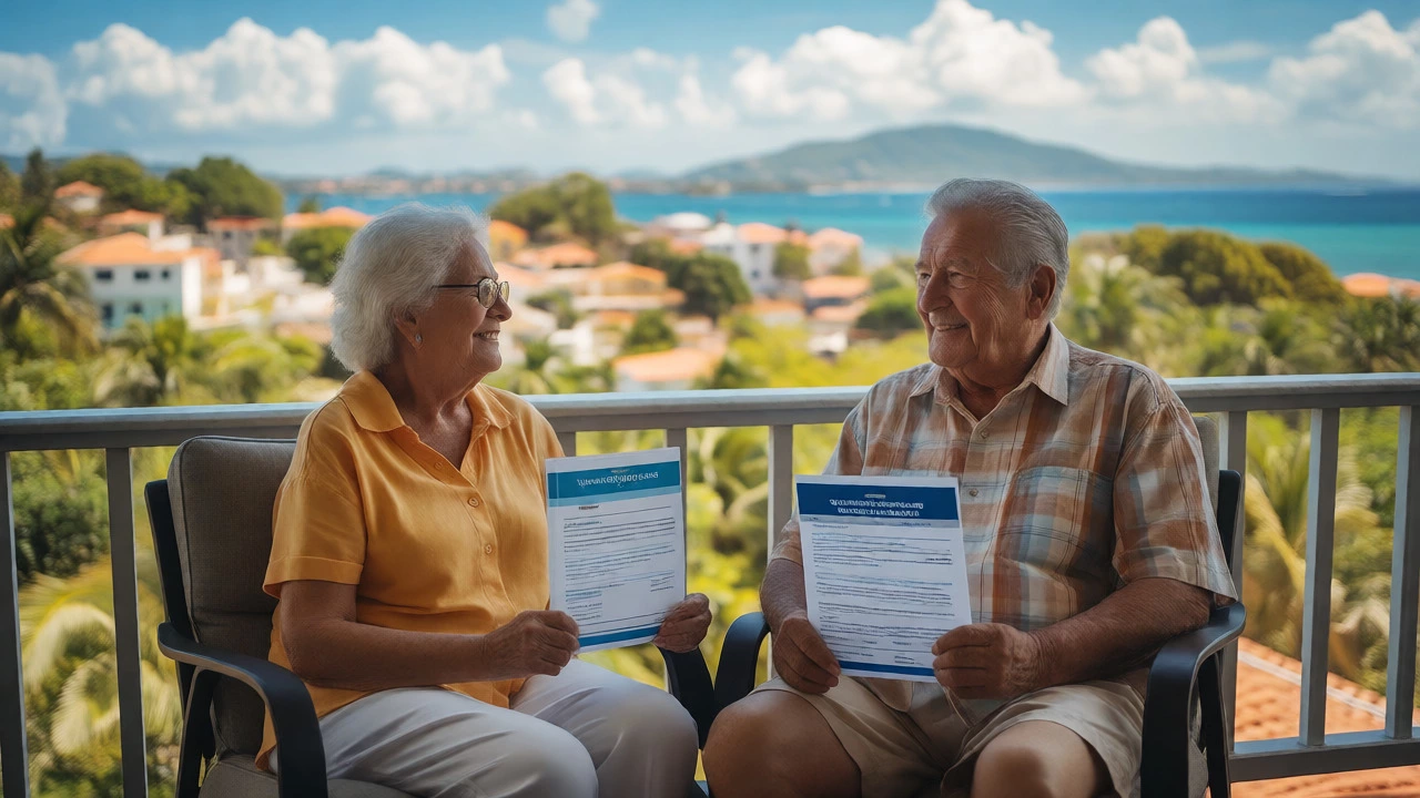 Happy retirees relaxing overseas with travel insurance documents
