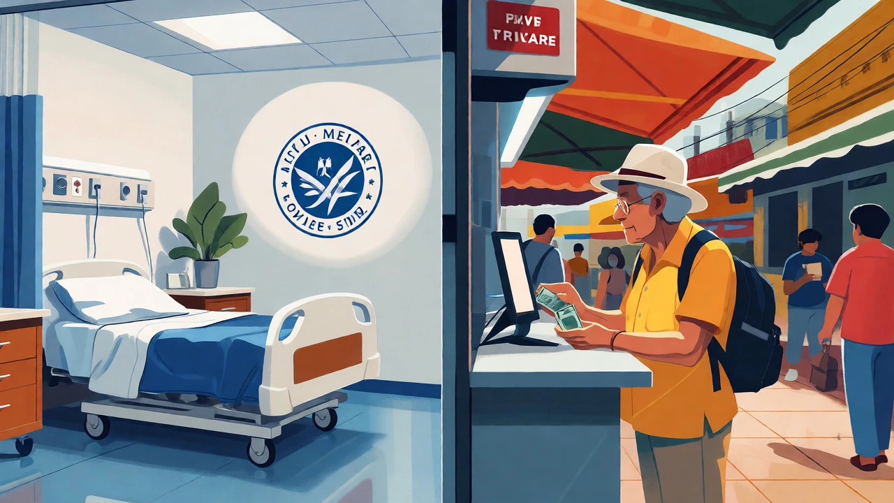 Split view contrasting US hospital care with paying cash abroad